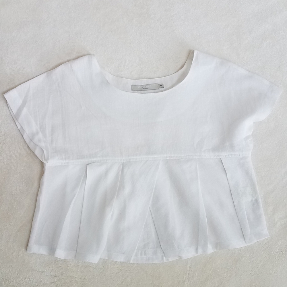 7115 by Szeki White Pleated Crop Top Linen-Cotton Blend Peplum Minimalist Blouse - Picture 5 of 9